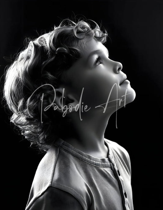Black-and-white portrait of a young child with curly hair wearing a button-up shirt for eyes to the sky product