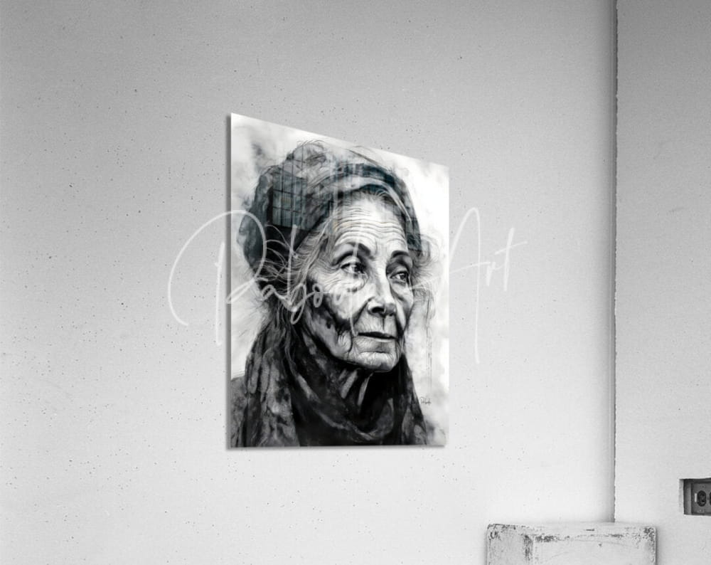 Black-and-white acrylic print titled a face of wisdom featuring an elderly woman’s detailed portrait on textured wall