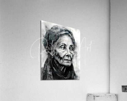 Black-and-white acrylic print titled a face of wisdom featuring an elderly woman’s detailed portrait on textured wall