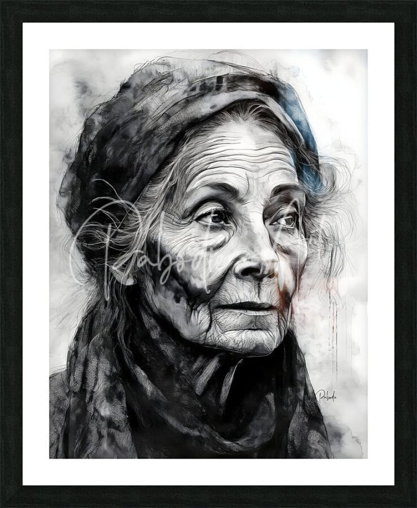 Black-framed artwork titled a face of wisdom featuring a detailed grayscale portrait of an elderly woman with blue background