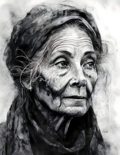 A face of wisdom black and white detailed sketch of an elderly woman’s face with fine lines and shading