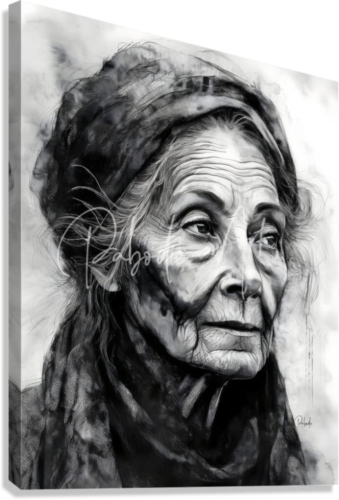Black-and-white sketch portrait of an elderly woman on canvas titled a face of wisdom for wall art display