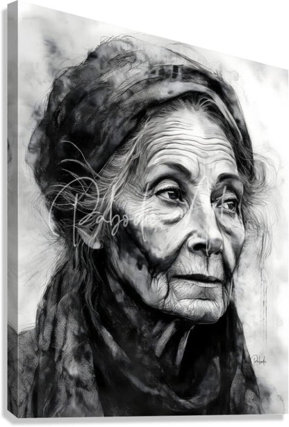 Black-and-white sketch portrait of an elderly woman on canvas titled a face of wisdom for wall art display