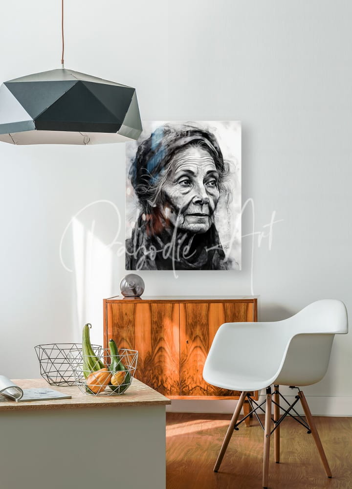 Black and white portrait painting titled a face of wisdom featuring an elderly woman with textured brushstrokes above wood cabinet