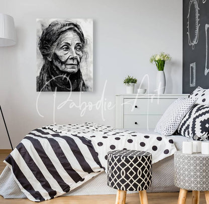 Black-and-white canvas portrait titled a face of wisdom featuring an elderly woman with detailed facial features and textured shading