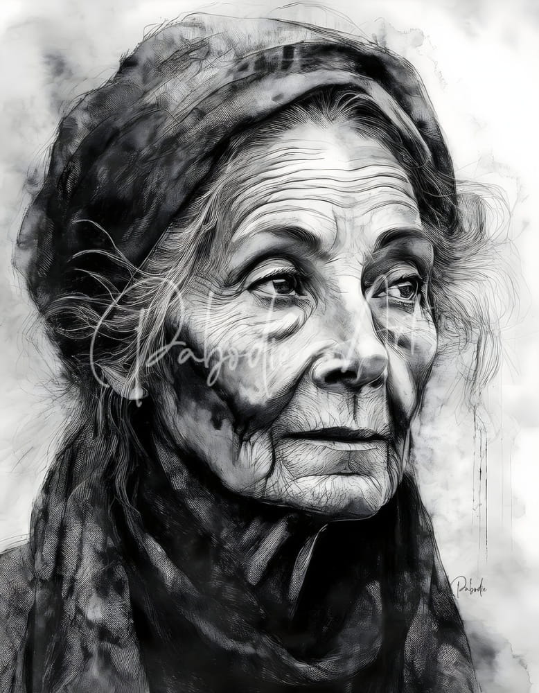 A face of wisdom detailed black and white sketch of an elderly womans face with fine lines and shading