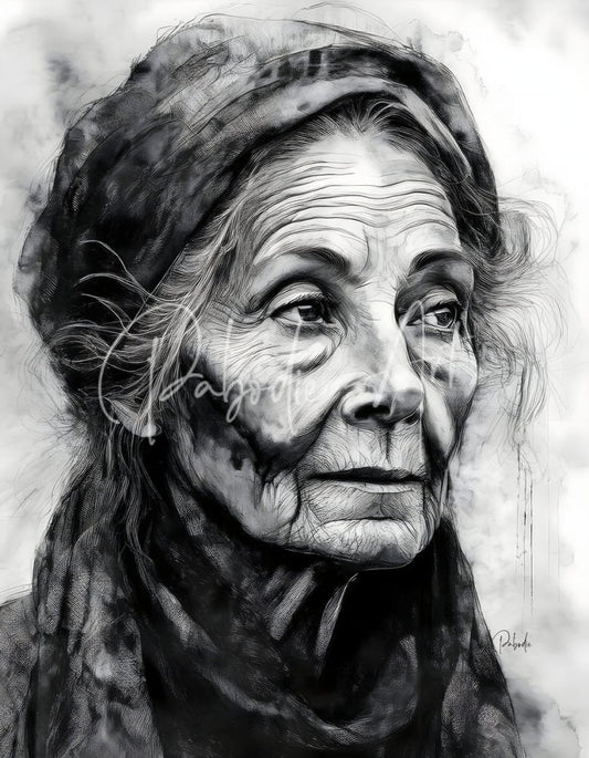 A face of wisdom detailed black and white sketch of an elderly womans face with fine lines and shading