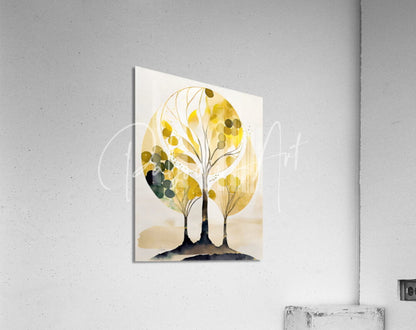 A family of trees watercolor canvas print with two stylized trees in yellow and green on beige background