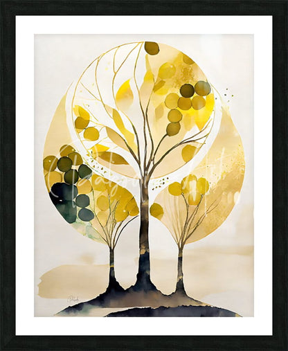 A framed abstract watercolor artwork titled a family of trees featuring stylized yellow and green circular leaves