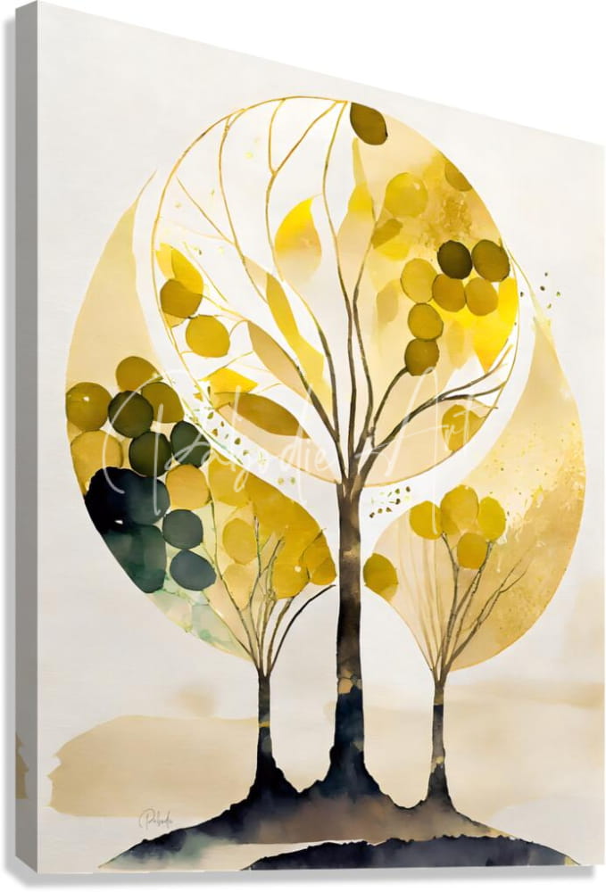 Watercolor canvas print titled a family of trees featuring stylized trees with golden and olive leaves on beige background