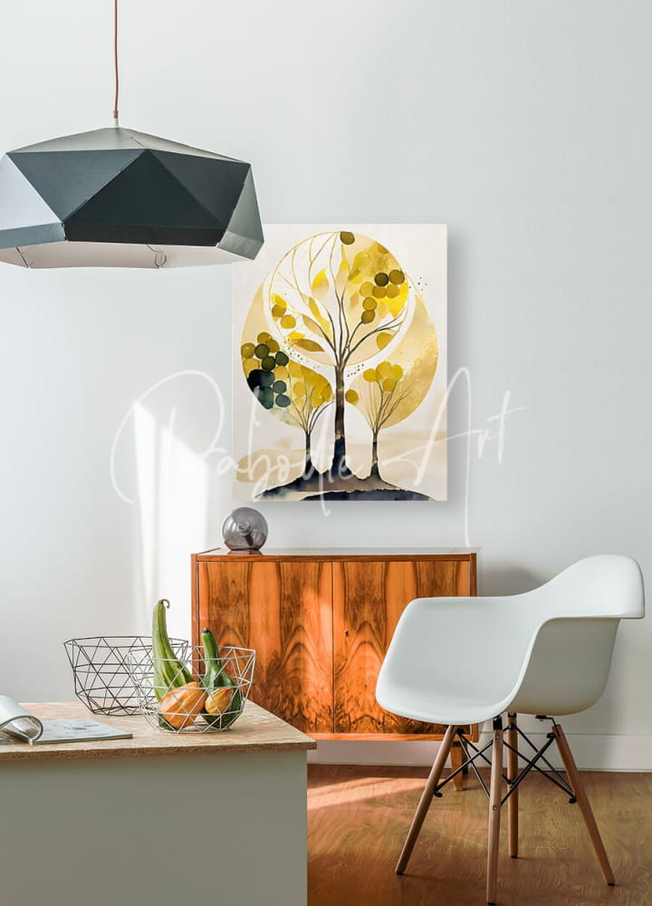 Yellow and black abstract tree artwork titled a family of trees on a white canvas for modern home decor