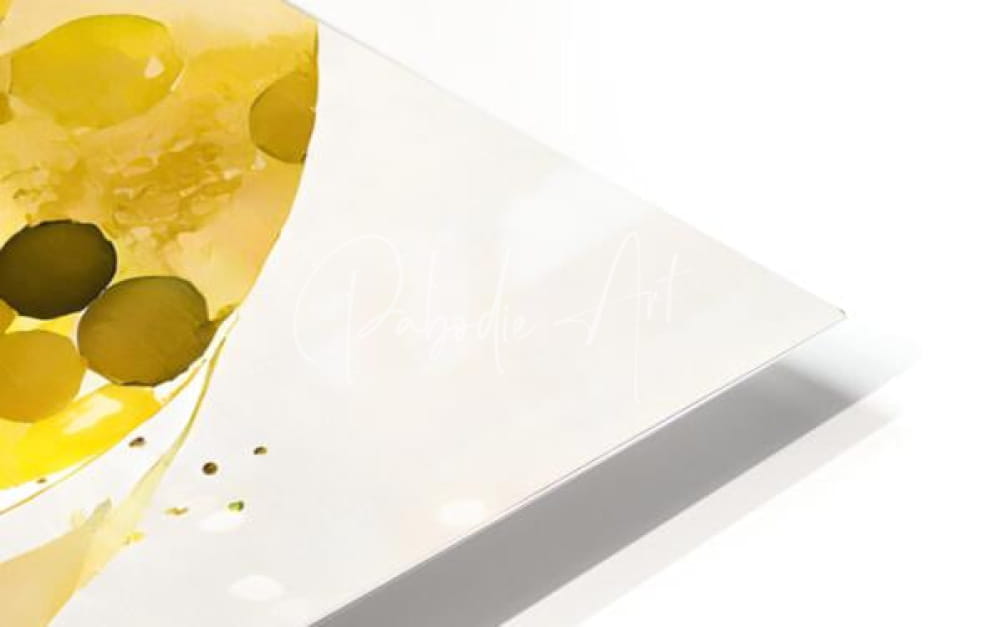 A family of trees watercolor illustration of green olives in golden liquid on white rectangular surface