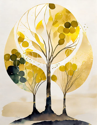 A stylized watercolor painting titled a family of trees featuring three slender trees with circular yellow leaves on beige background