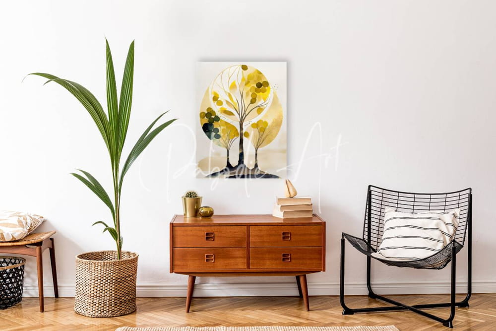 A family of trees modern abstract painting with yellow and black stylized trees on a cream background above a wooden sideboard