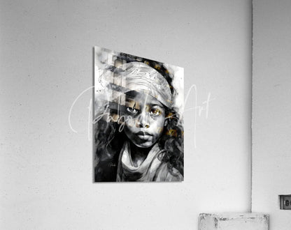 Black-and-white acrylic print titled Fearless Beauty featuring a young girl with expressive eyes and a headscarf mounted on textured wall
