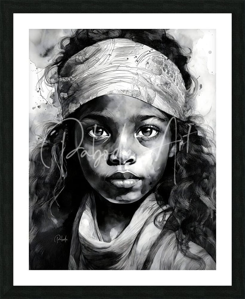 Black-and-white watercolor portrait of a young girl with curly hair and patterned headband framed in black titled fearless beauty