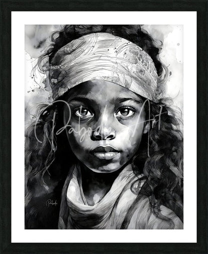 Black-and-white watercolor portrait of a young girl with curly hair and patterned headband framed in black titled fearless beauty