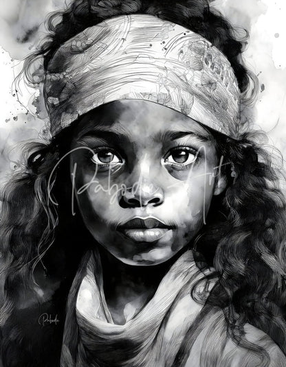 A detailed black and white illustration of a young girl wearing an intricately patterned headband in fearless beauty