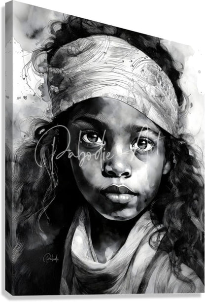 Black-and-white watercolor portrait of a young girl with curly hair and patterned headband on stretched canvas titled Fearless Beauty