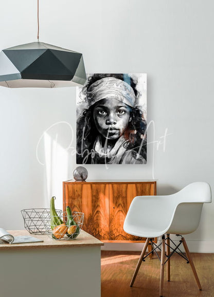 Black-and-white watercolor portrait of a young girl with headscarf on a wall-mounted canvas titled fearless beauty