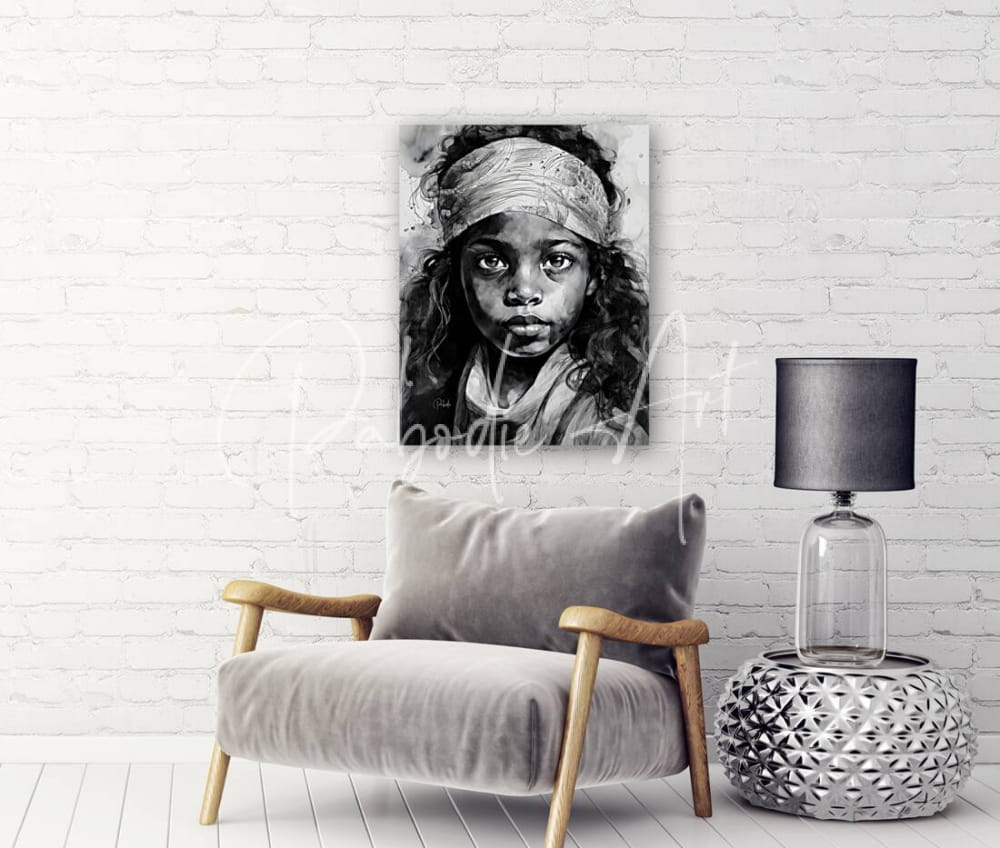 Black and white portrait canvas of a young girl with curly hair and headscarf mounted on white brick wall titled fearless beauty