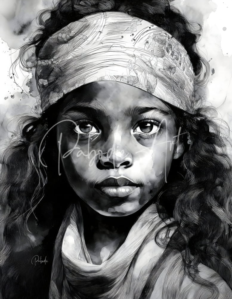 A detailed black and white illustration of a young girl wearing a patterned headband in fearless beauty design