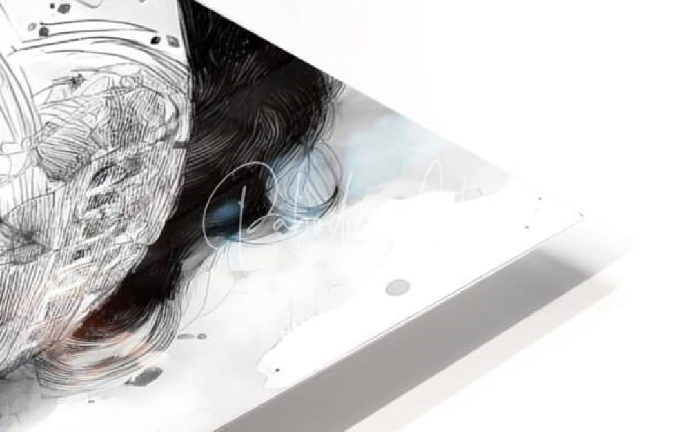 A black and white ink sketch of a face with flowing hair on a glossy surface titled Fearless Beauty