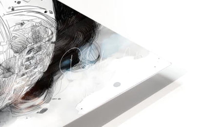 A black and white ink sketch of a face with flowing hair on a glossy surface titled Fearless Beauty