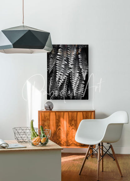 Black and white fern fronds canvas art print featuring detailed leaf design hanging on wall decor