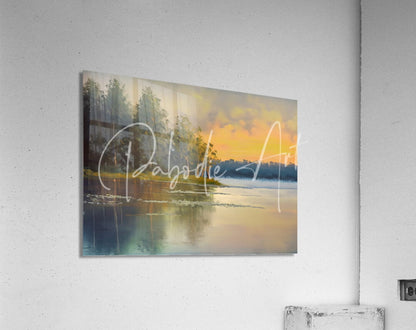 A rectangular acrylic print titled The Final Ice Thaw featuring a serene sunset watercolor landscape with trees and reflections