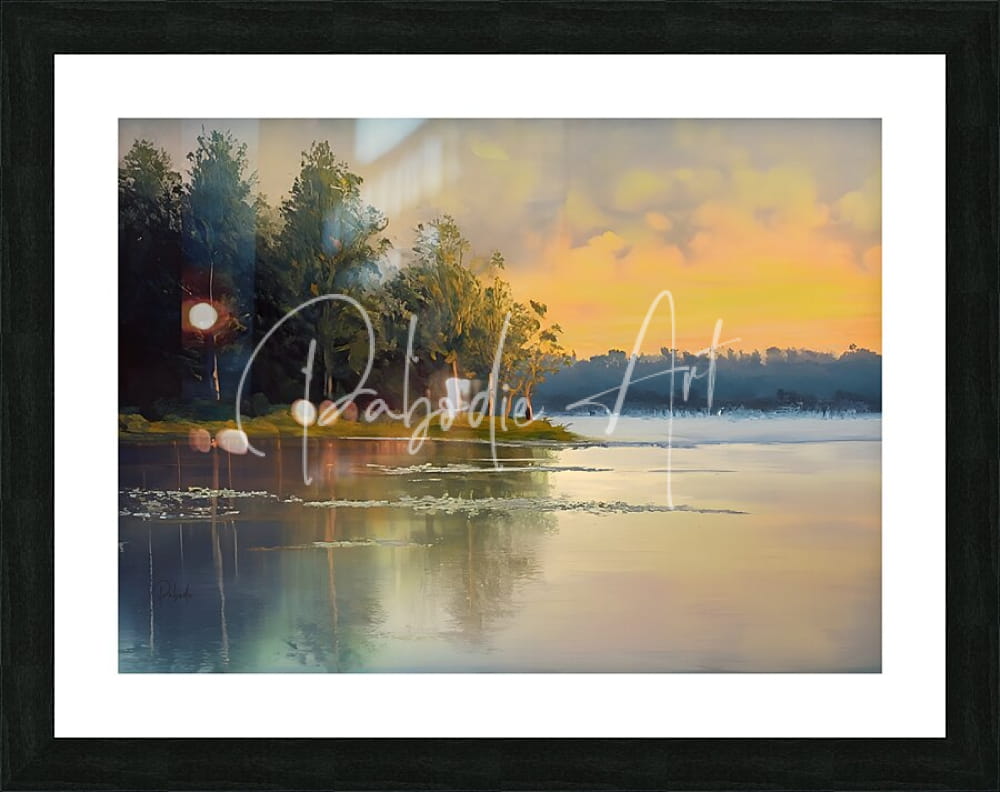 Black-framed watercolor artwork titled the final ice thaw featuring a sunset lake landscape with orange yellow skies and trees