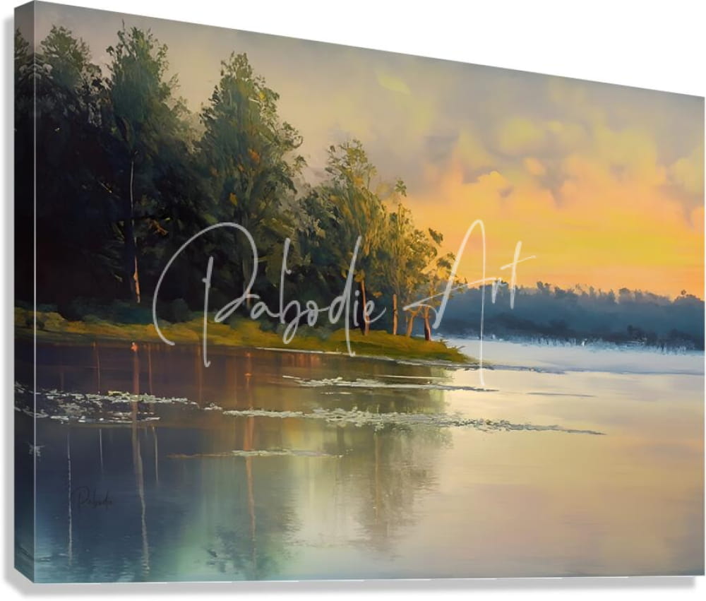 A serene sunset landscape painting titled the final ice thaw on a stretched canvas featuring tall trees reflected in calm waters