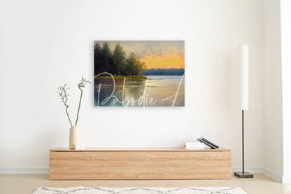 The final ice thaw serene sunset landscape painting with vibrant orange yellow hues reflecting on calm water framed white
