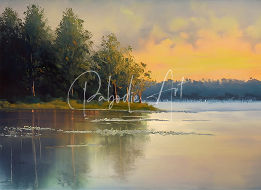 The final ice thaw painting of a serene sunset lake with orange yellow skies and green trees along the shore