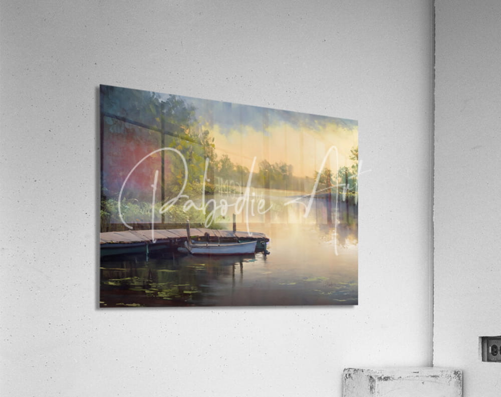 Watercolor painting of a serene dock with a small white boat at sunrise on an acrylic print titled the fishing hole