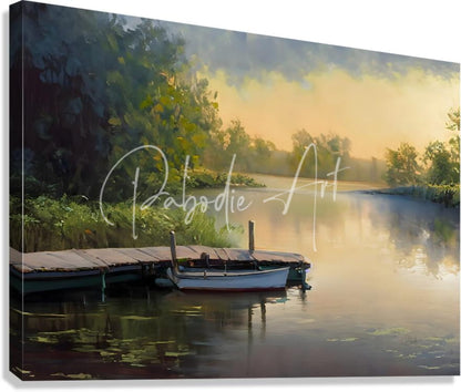 A serene watercolor painting on canvas titled the fishing hole depicting a white boat at a wooden dock under a golden sky