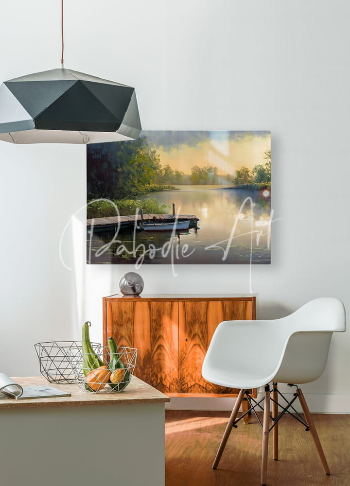The fishing hole serene watercolor landscape painting of a calm lake with a docked boat and misty trees in golden light