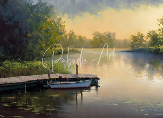 A serene watercolor painting titled the fishing hole shows a white boat with red trim moored at a wooden dock at dawn