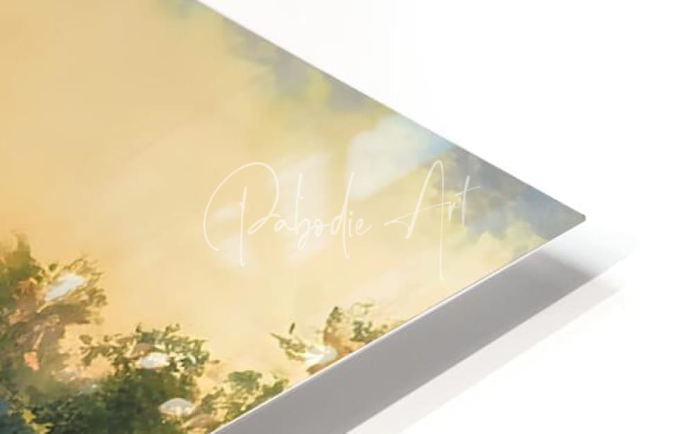 The fishing hole pastel landscape print on white acrylic panel with soft-focus colors and elegant cursive text