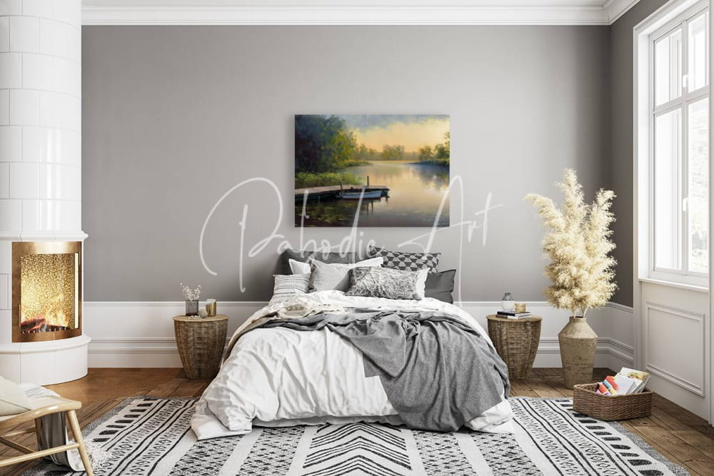 The fishing hole painting features a serene lake scene with a wooden dock in soft green and warm golden hues