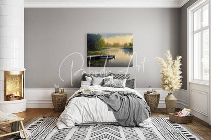 The fishing hole painting features a serene lake scene with a wooden dock in soft green and warm golden hues