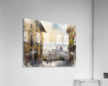 Watercolor-style florence italy city view printed on a rectangular clear acrylic panel for wall decor