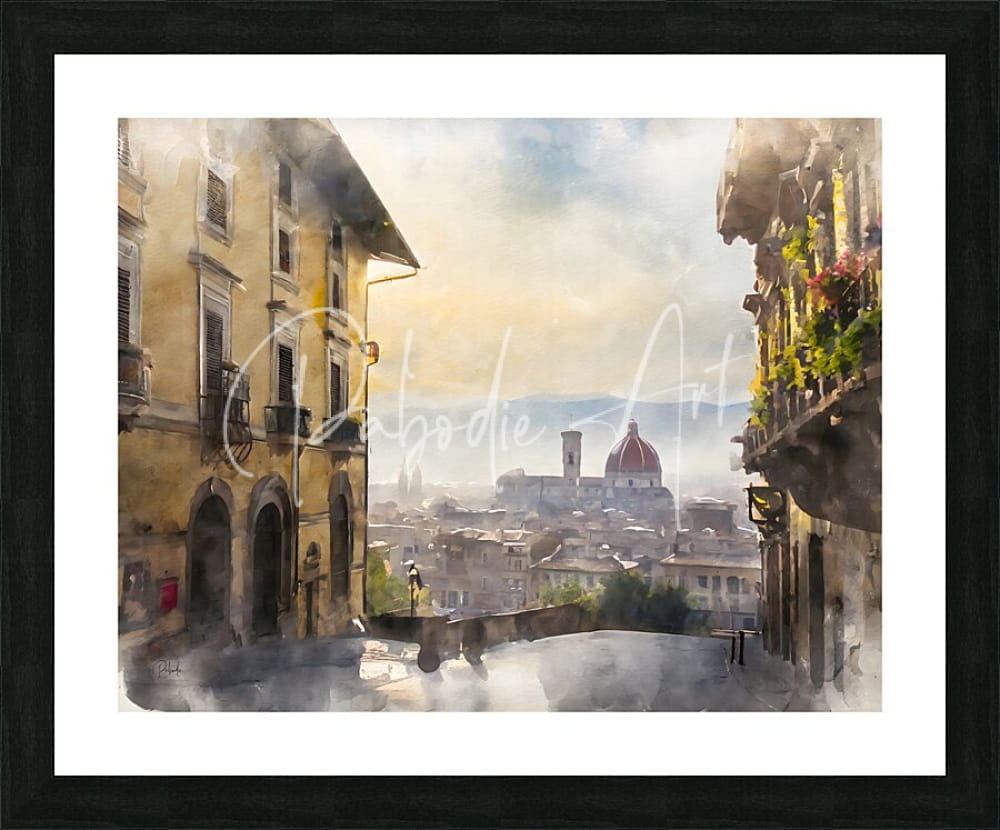 Watercolor painting of a sunlit european street with historic buildings and domed architecture framed in black titled florence italy city view