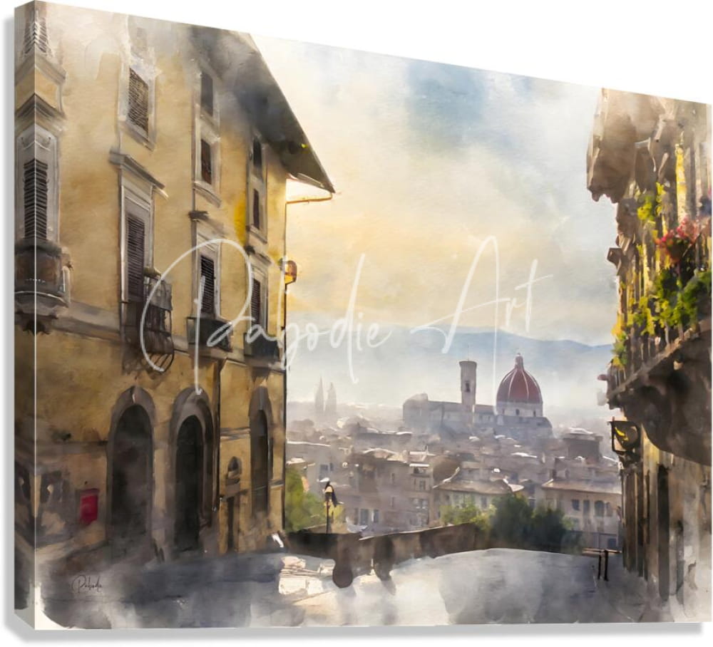 Florence Italy city view watercolor canvas print of sunlit european street with warm buildings and red-domed duomo