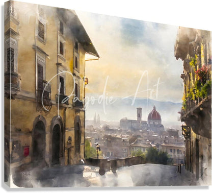 Florence Italy city view watercolor canvas print of sunlit european street with warm buildings and red-domed duomo