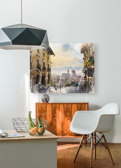 Watercolor-style canvas print of a sunlit florence italy city view with warm yellow and muted gray tones mounted on white wall