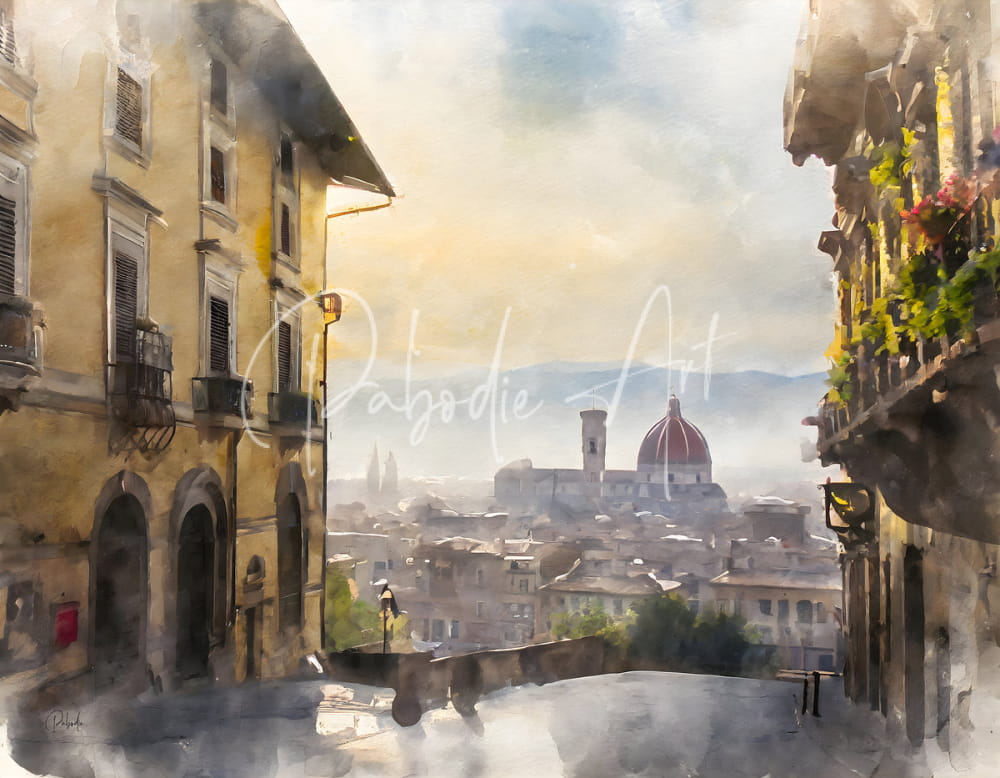 Watercolor painting of a sunlit european cityscape with historic buildings and florence italy city view duomo dome