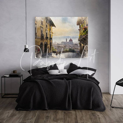 Watercolor-style canvas painting of florence italy city view featuring warm yellow and beige buildings with greenery