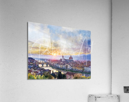 Watercolor print of florence italy skyline at sunset featuring the duomo and arno river in soft blues pinks and golds on acrylic