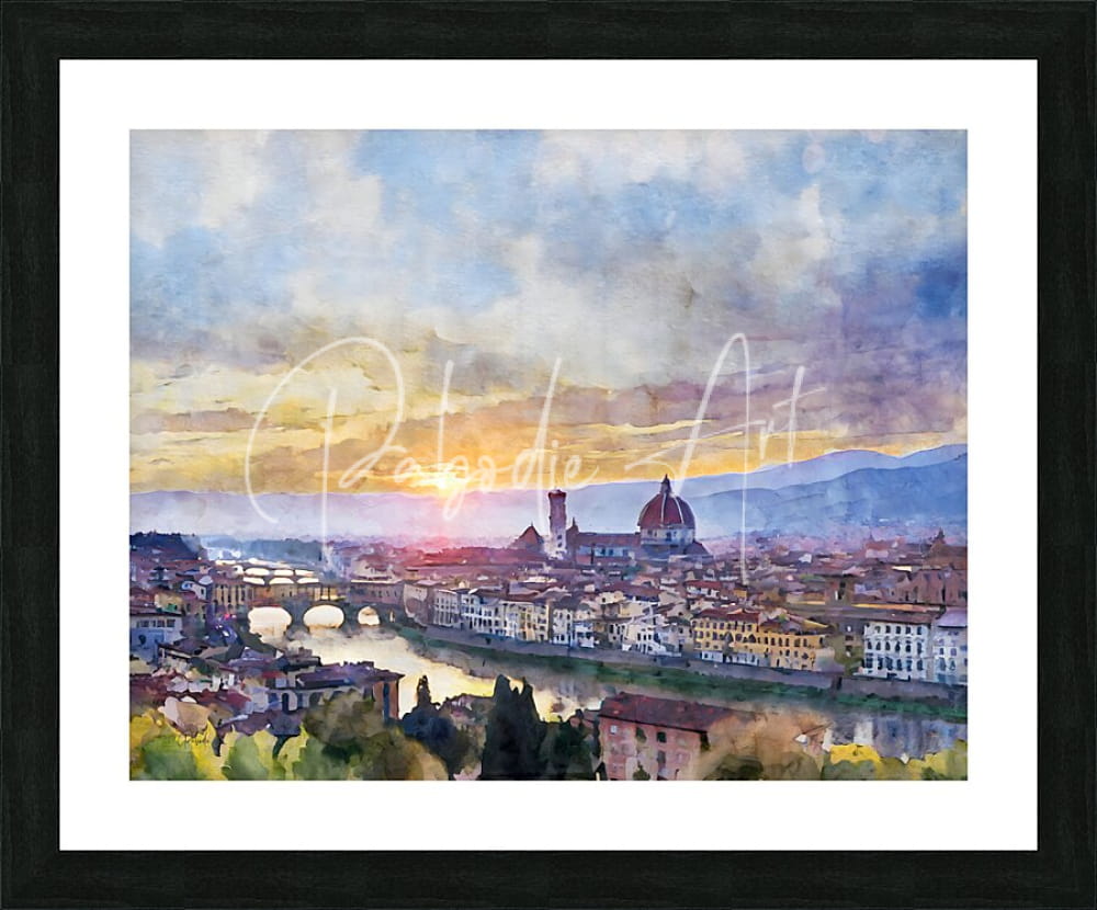 Watercolor painting of Florence Italy skyline featuring the duomo and Arno river in a black frame under sunset sky